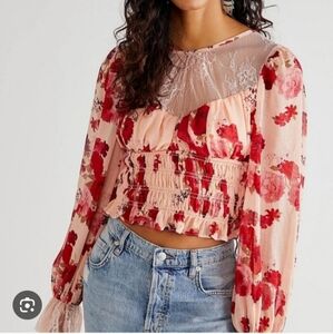 Free People Daphne smocked peasant blouse lace floral pink red bell sleeve M